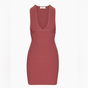 Aritzia Babaton Ribbed V-Neck Mini Dress in Sundried Red